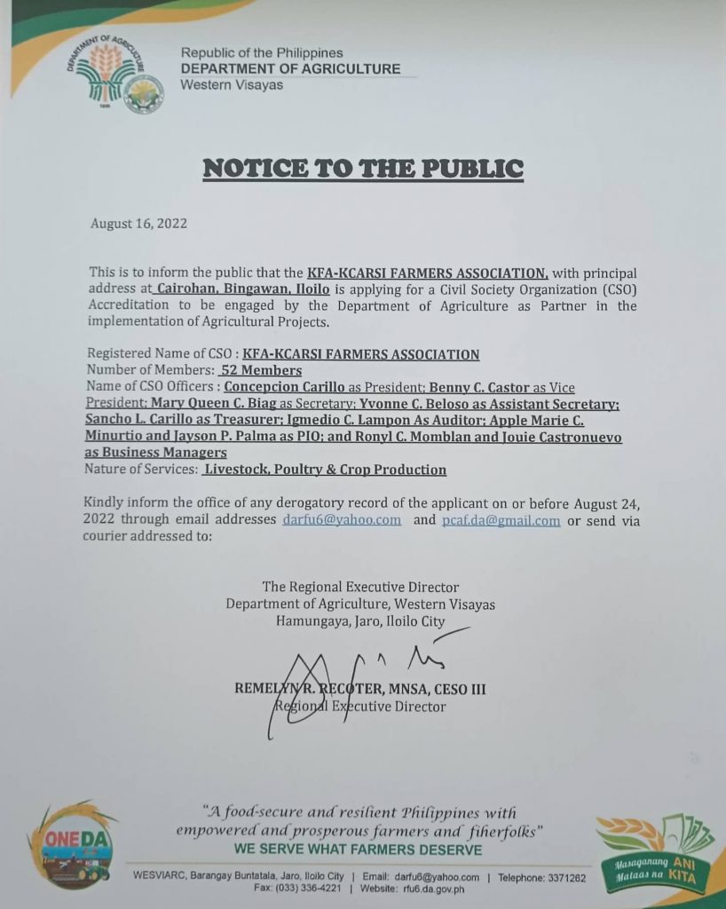 KFA-KCARSI Framers Association,, Cairohan, Bingawan, Iloilo